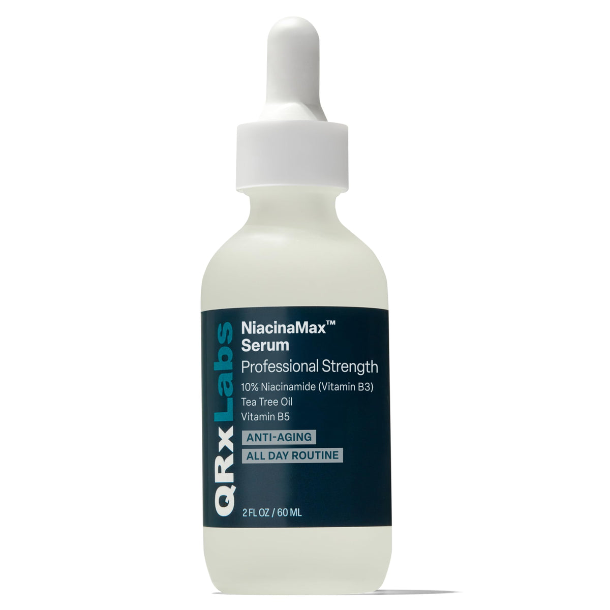 QRxLabs NiacinaMax serum bottle closeup highlighting pore-refining formula