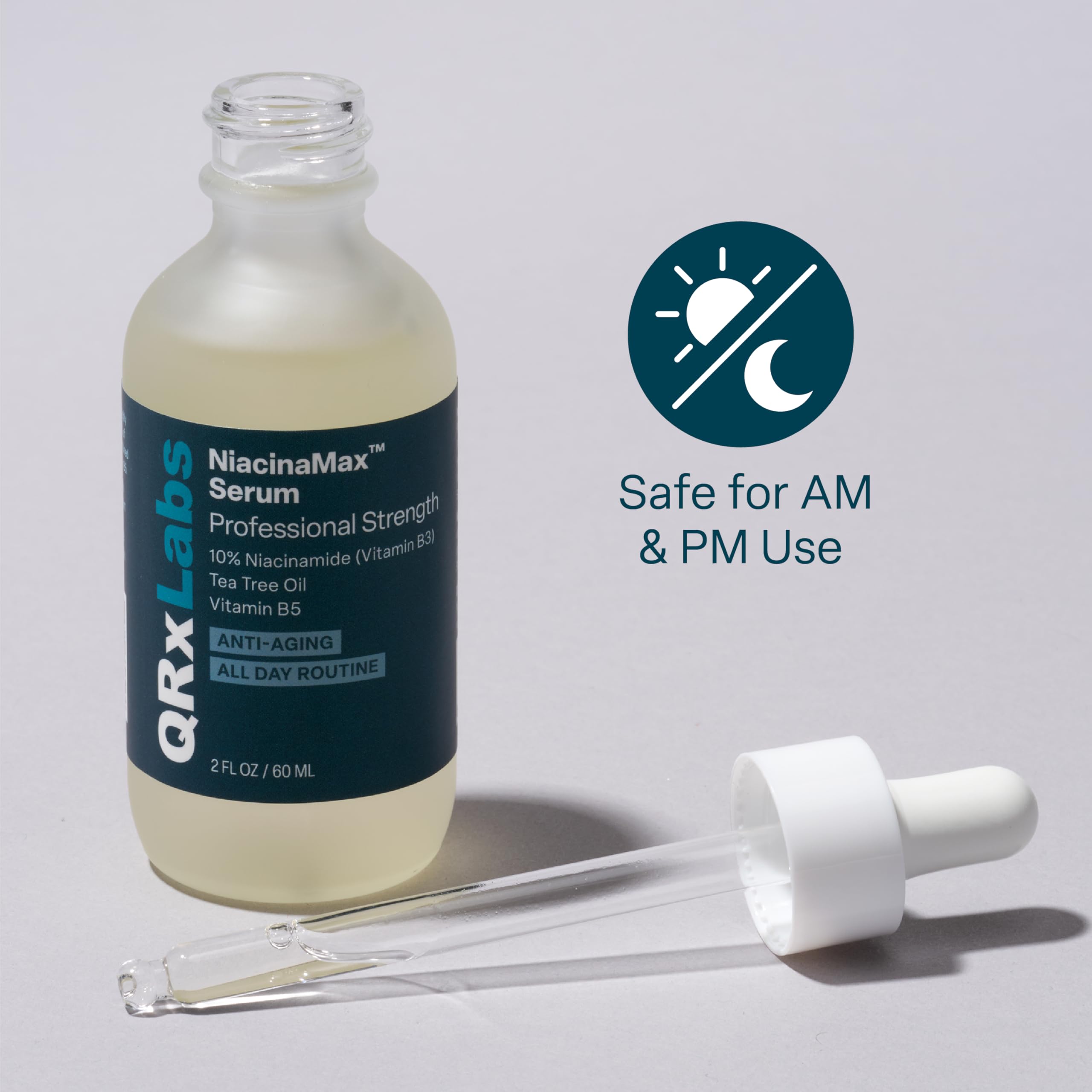 QRxLabs NiacinaMax serum vanity shot with glass bottle