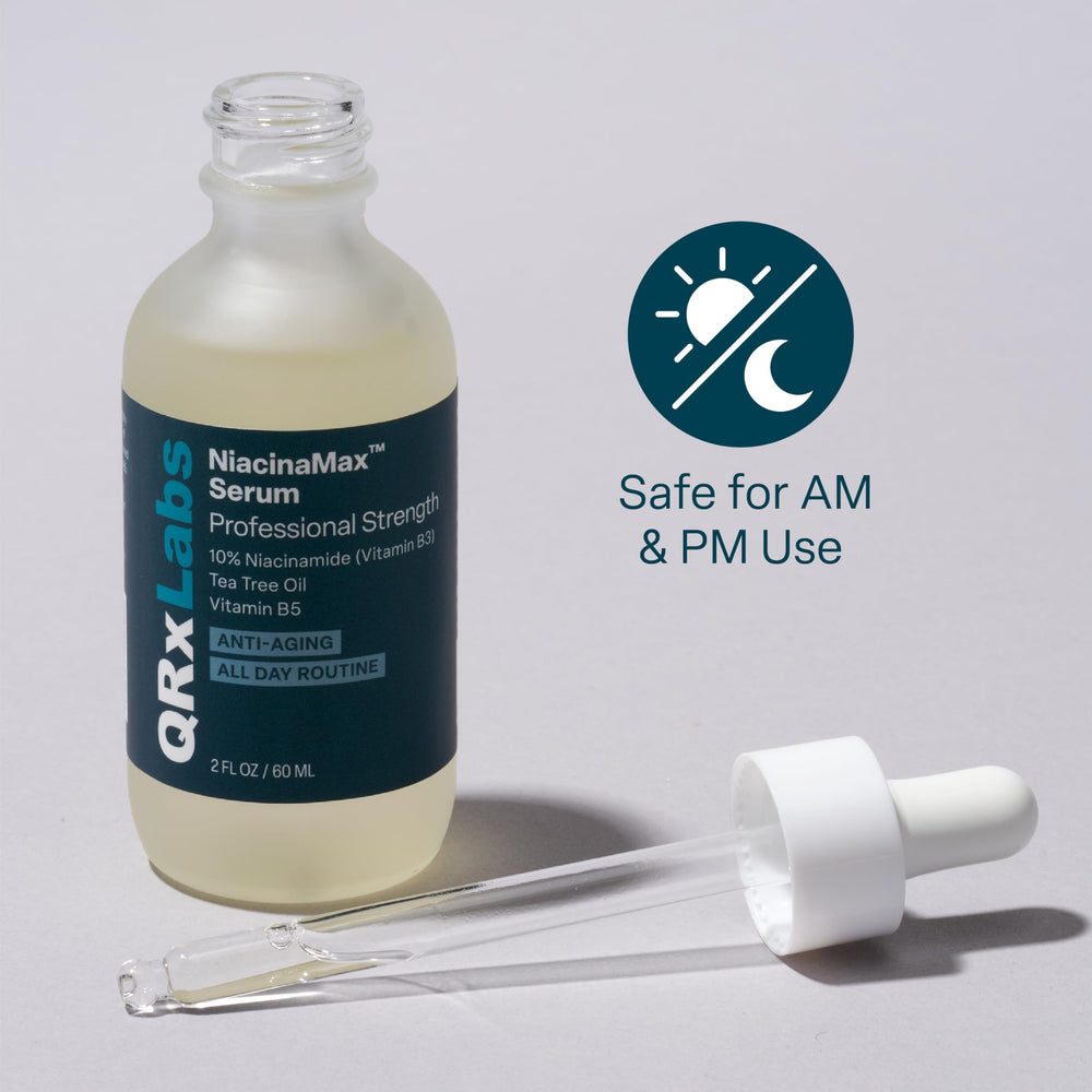 QRxLabs NiacinaMax serum vanity shot with glass bottle