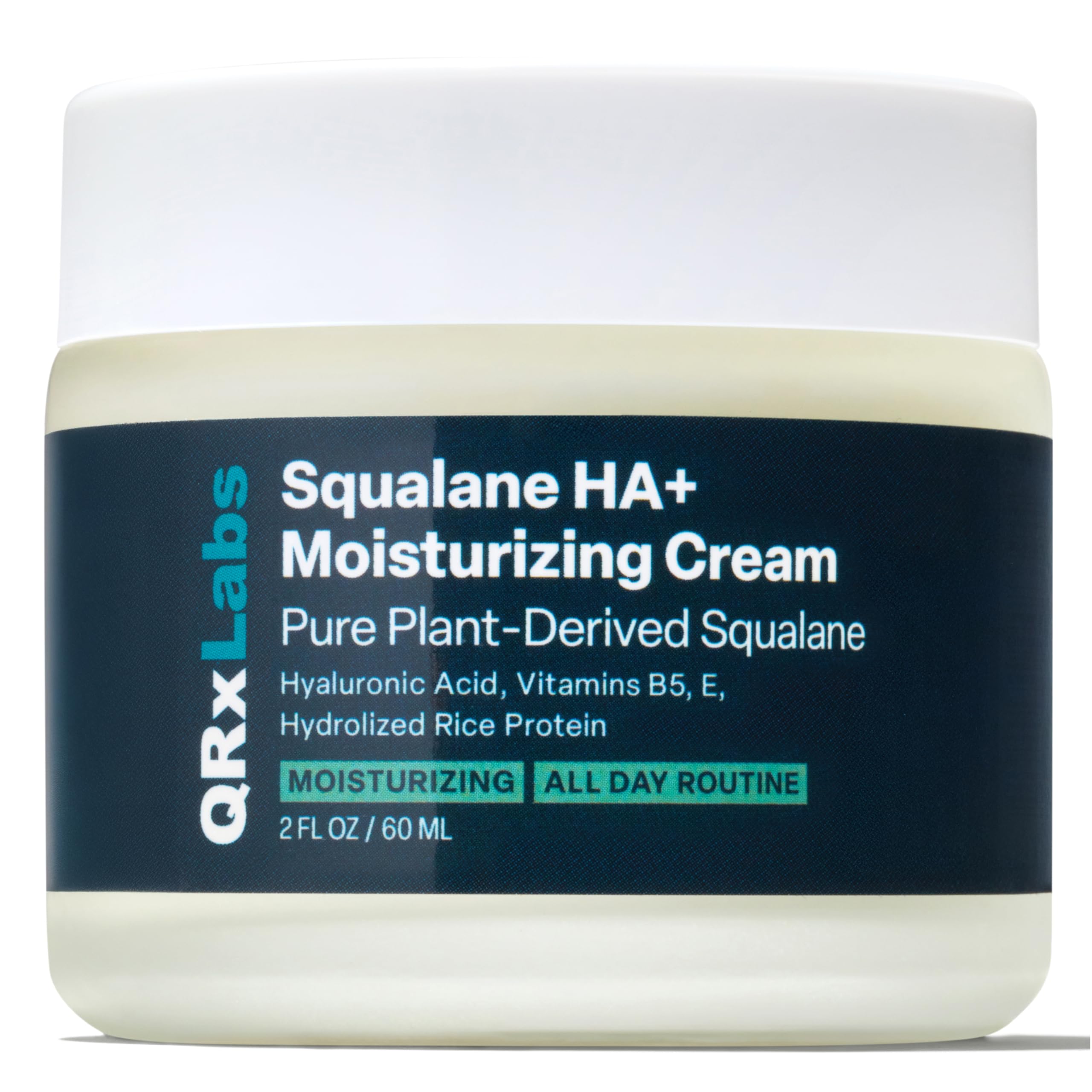 QRxLabs Plant-Based Squalane Face Moisturizer bottle shows lightweight hydration for daily use