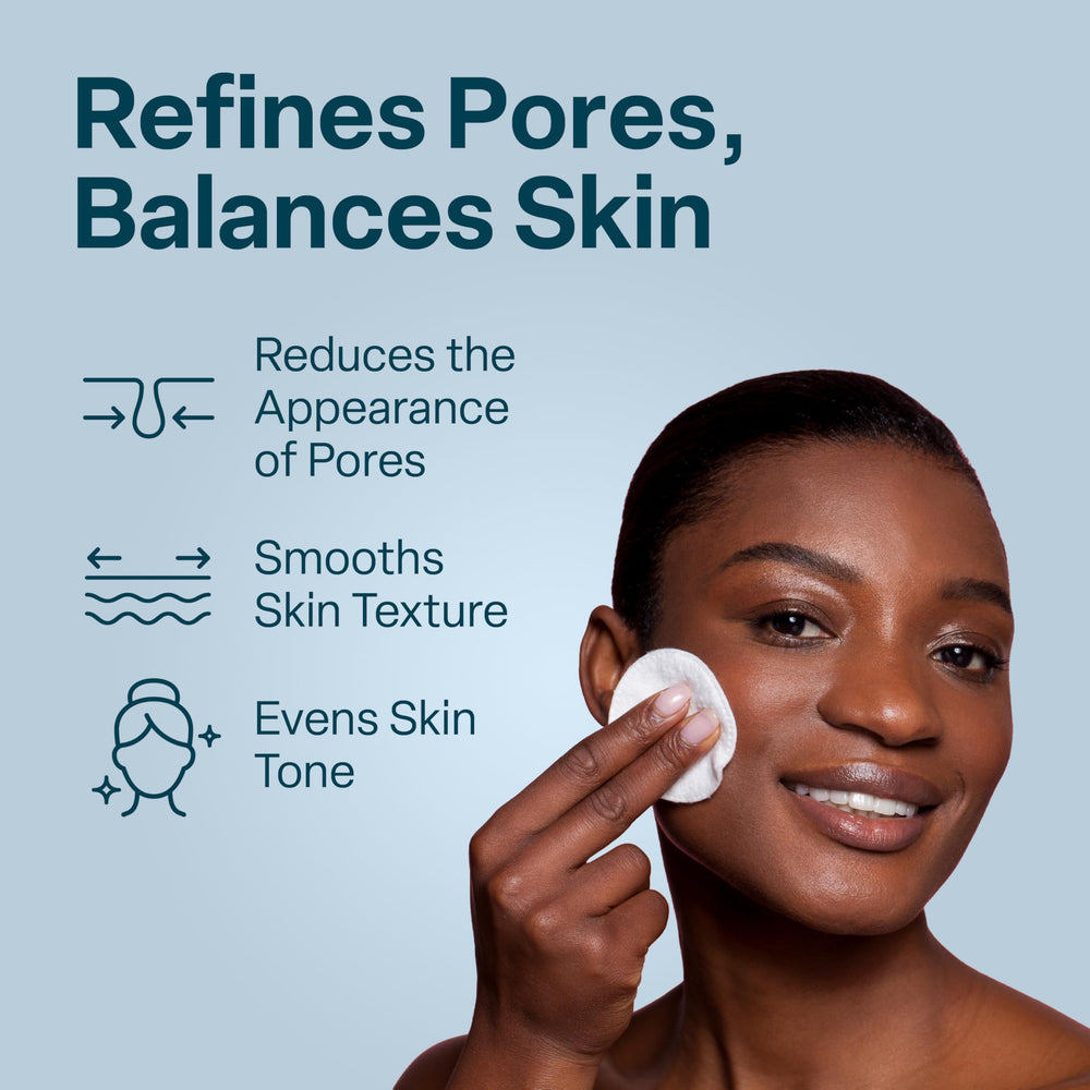 QRxLabs Pore Refining Toner Pads bottle close-up reveals vitamin rich formula