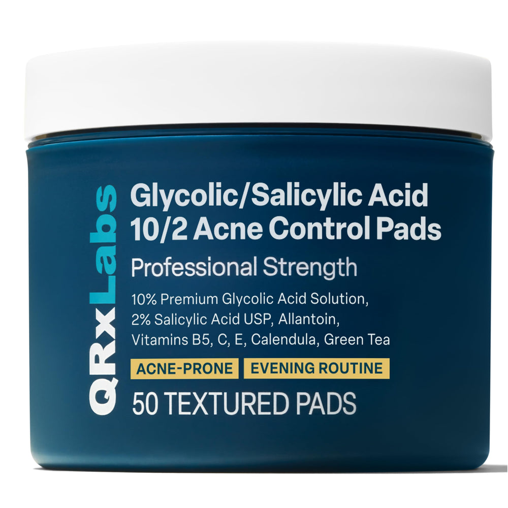 QRxLabs Salicylic & Glycolic Pads jar close-up for easy exfoliation in daily skincare.