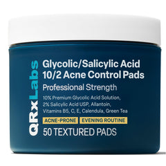 QRxLabs Salicylic & Glycolic Pads jar close-up for easy exfoliation in daily skincare.