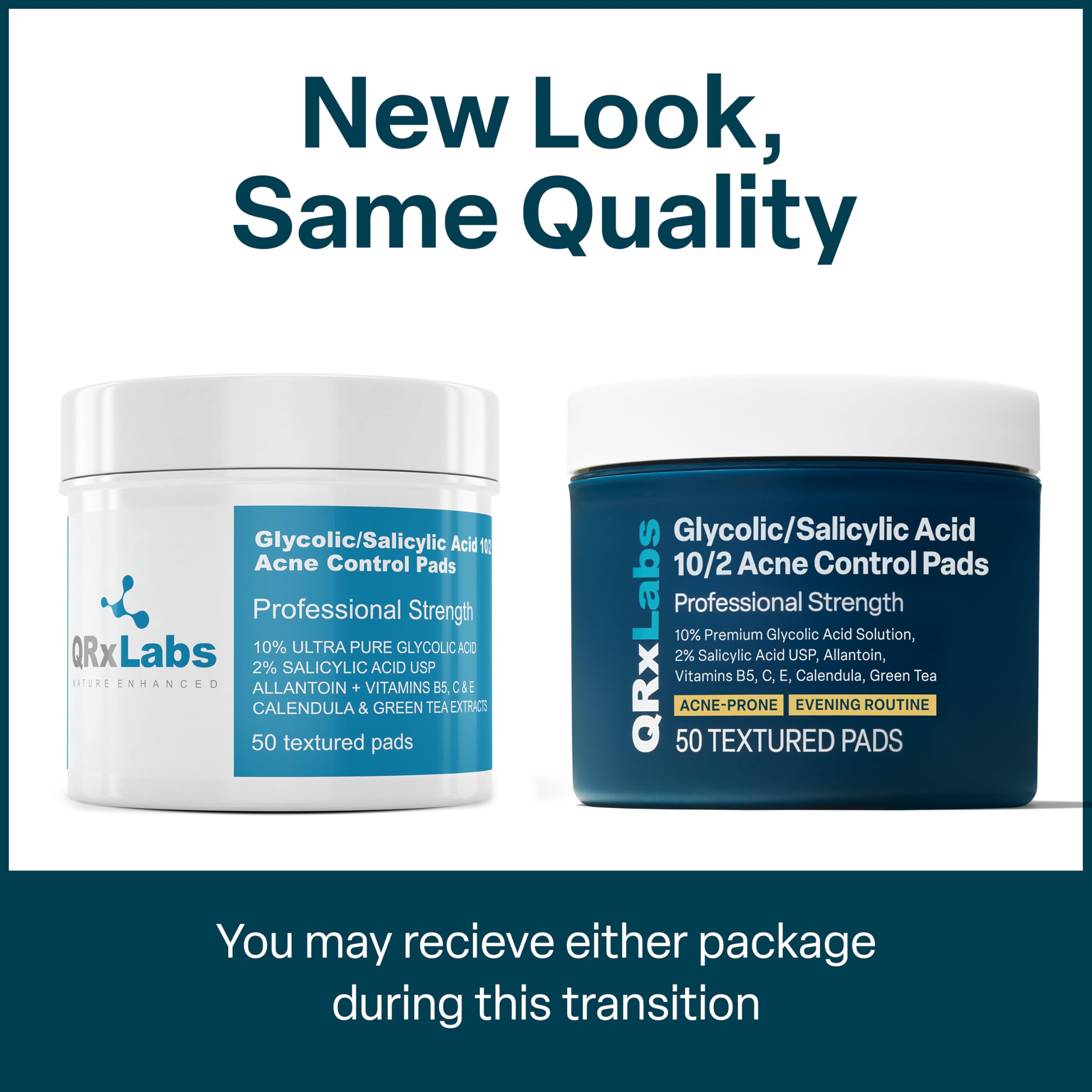 QRxLabs Salicylic & Glycolic Pads jar display for practical acne care routine.