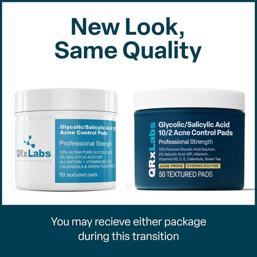 QRxLabs Salicylic & Glycolic Pads jar display for practical acne care routine.