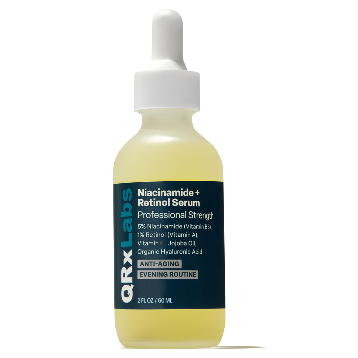 QRxLabs serum bottle close-up shows 2oz dark glass packaging for brightening and pore-minimizing use