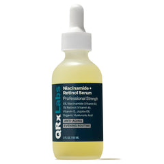 QRxLabs serum bottle close-up shows 2oz dark glass packaging for brightening and pore-minimizing use