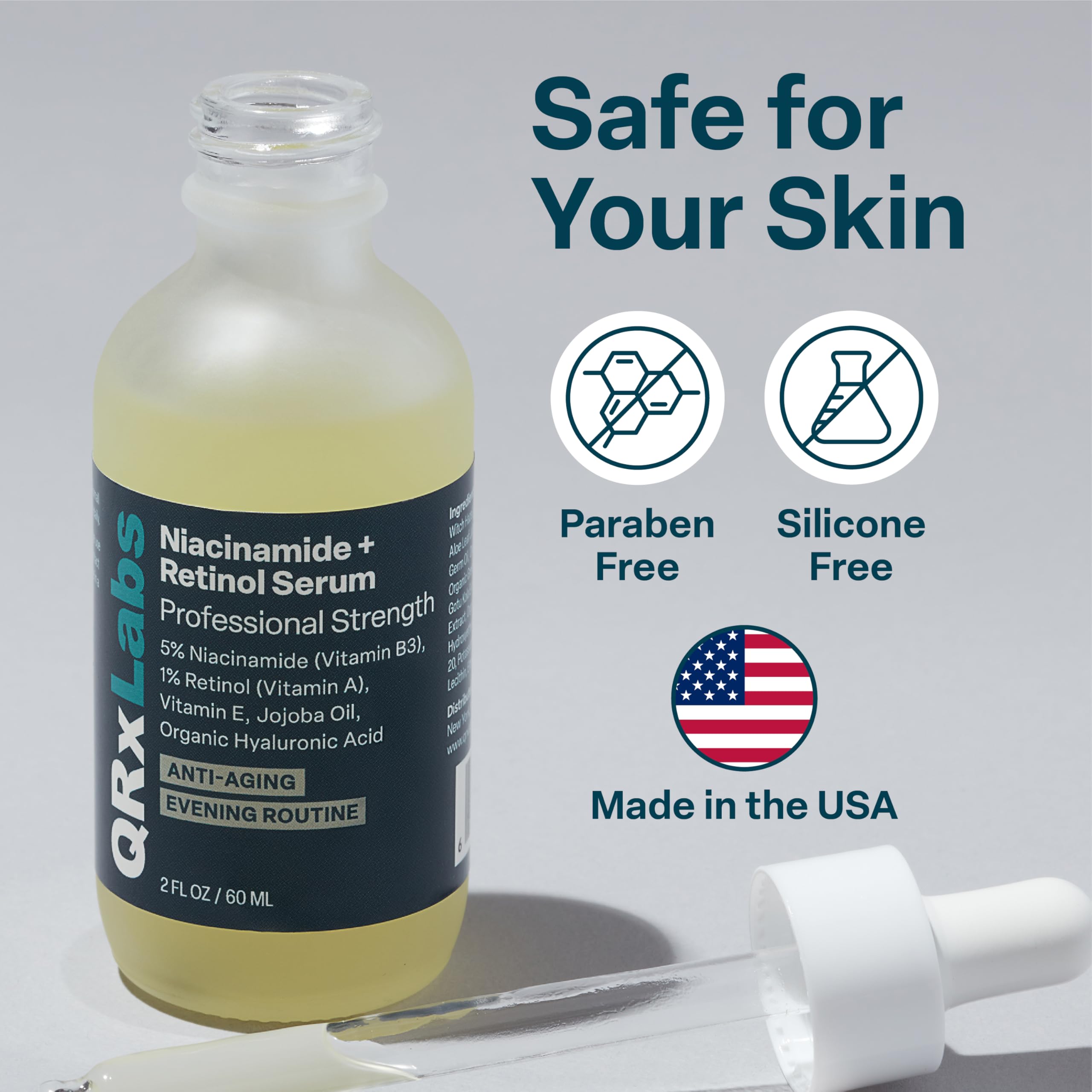 QRxLabs serum drop image showing precise application and silky texture on skin