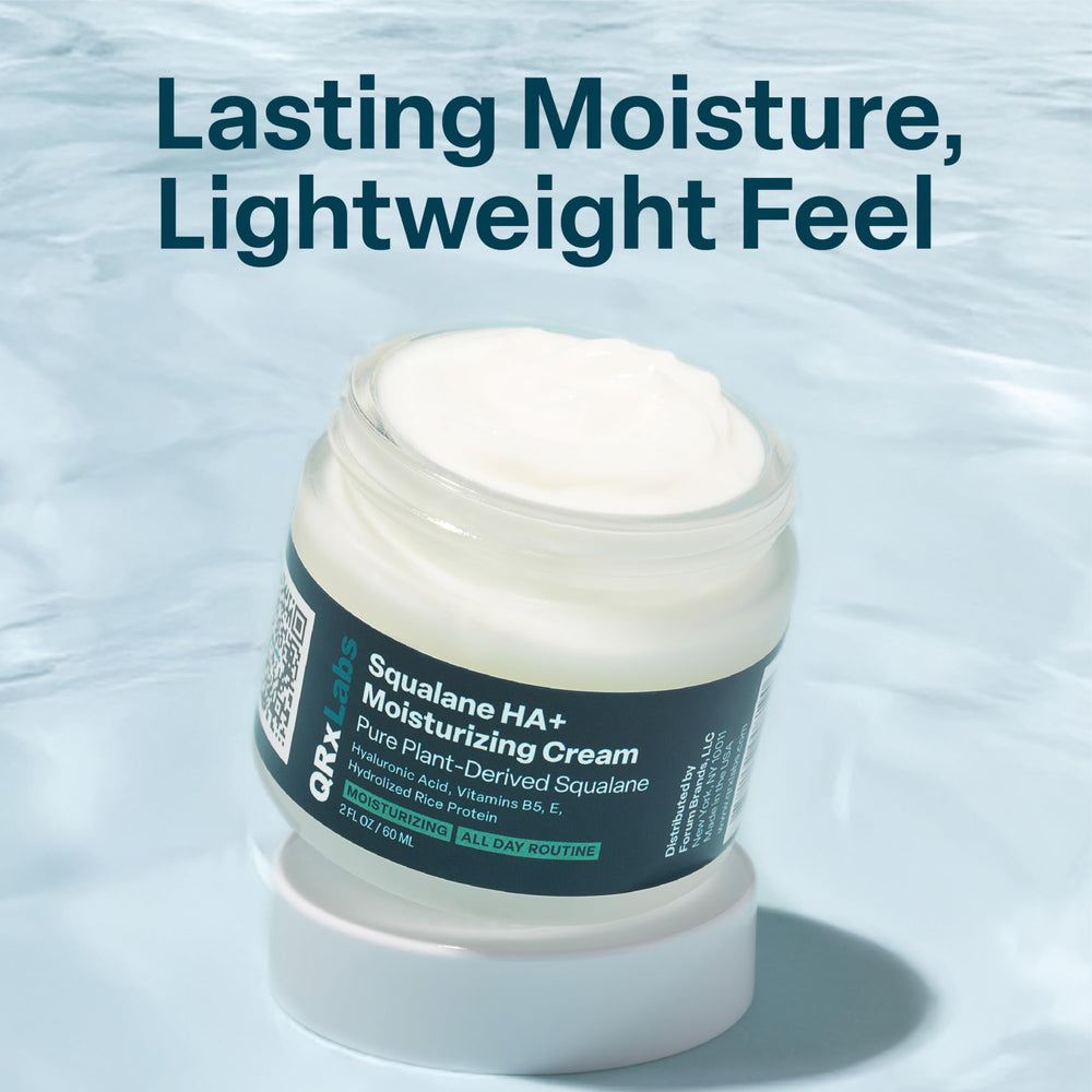 QRxLabs silicone-free face moisturizer label highlights non-greasy, breathable skin comfort