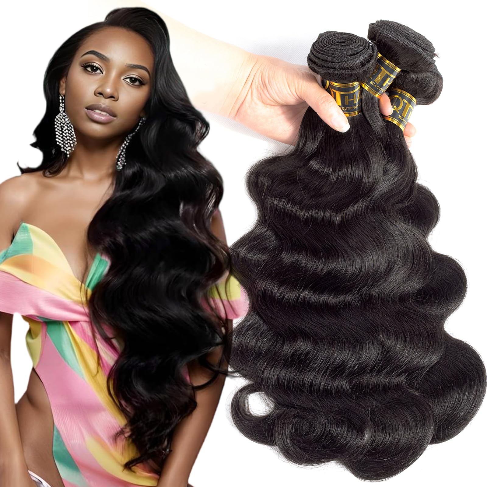 QTHAIR Brazilian Body Wave bundles packaging shows premium unprocessed hair for a natural look.