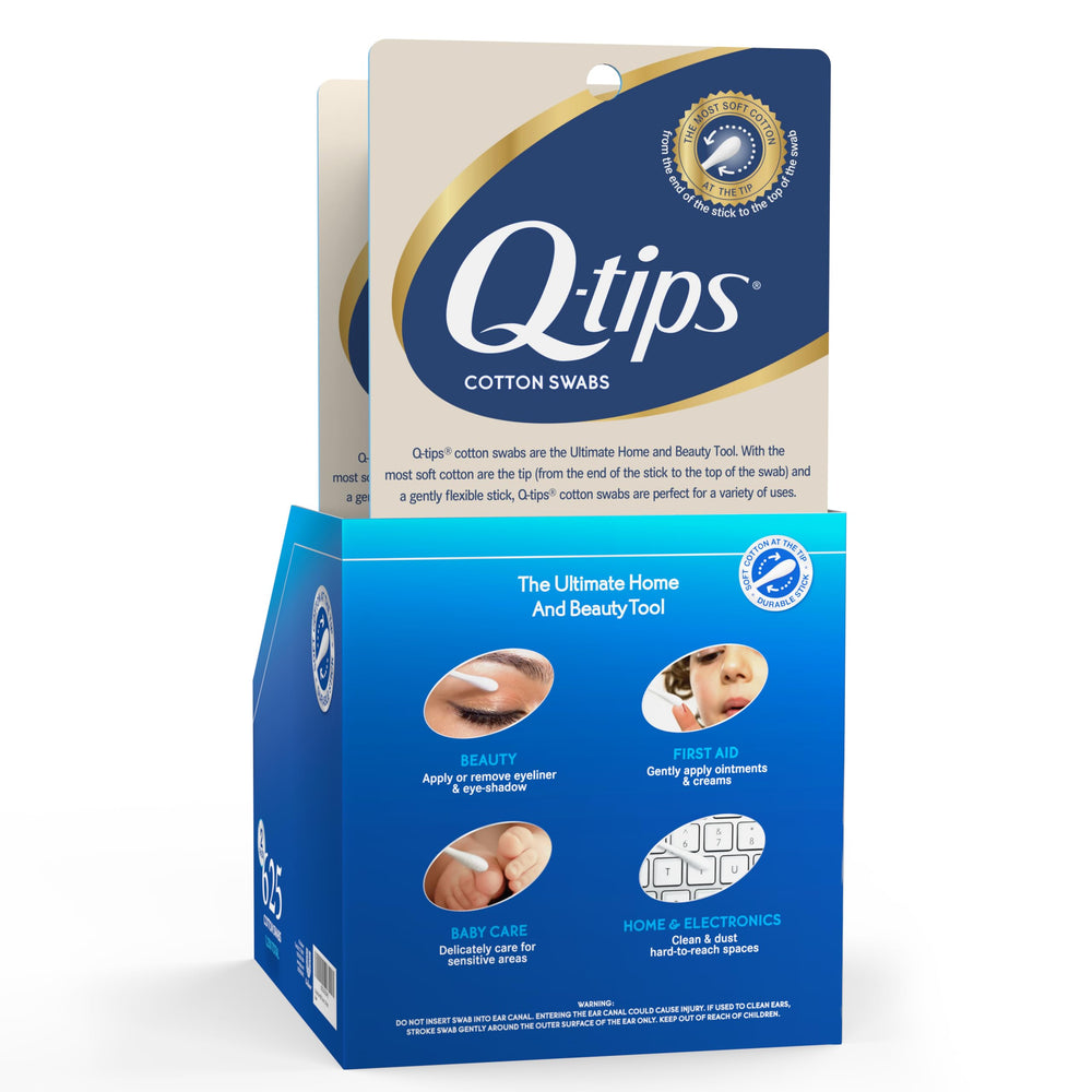 Q-tips 625-count pack image highlighting sturdy paper stick and bulk value.