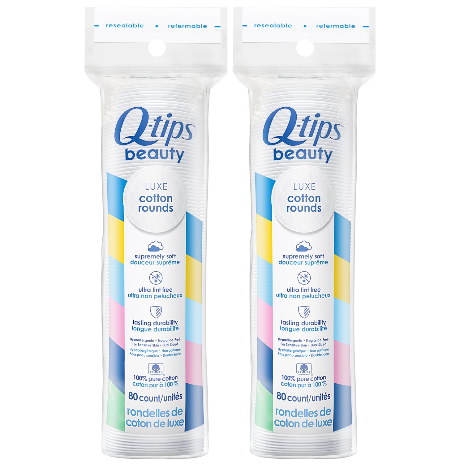 Q-tips Beauty Luxe cotton rounds 80-count two-pack pack shot highlights softness and value.