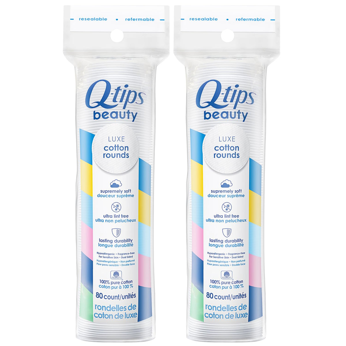 Q-tips Beauty Luxe cotton rounds 80-count two-pack pack shot highlights softness and value.