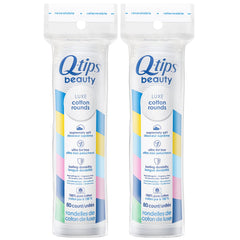Q-tips Beauty Luxe cotton rounds 80-count two-pack pack shot highlights softness and value.
