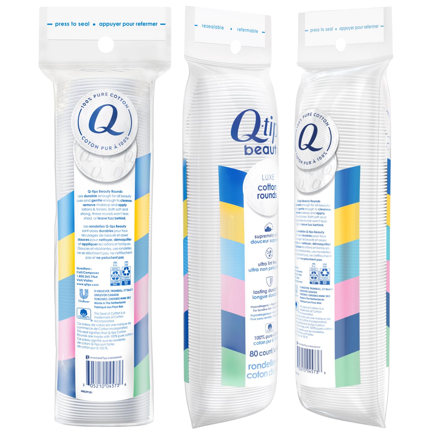 Q-tips Beauty Luxe dual-sided rounds demonstrate precise toning and makeup removal.