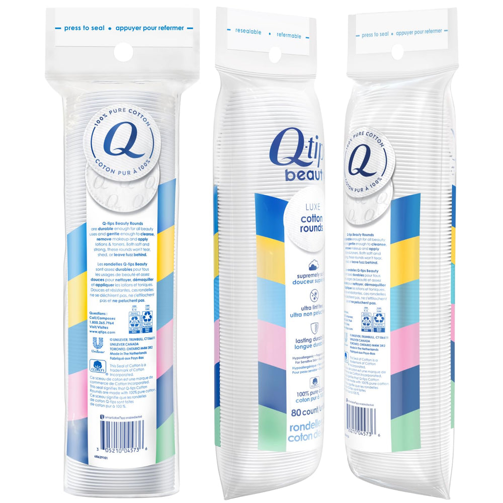 Q-tips Beauty Luxe dual-sided rounds demonstrate precise toning and makeup removal.