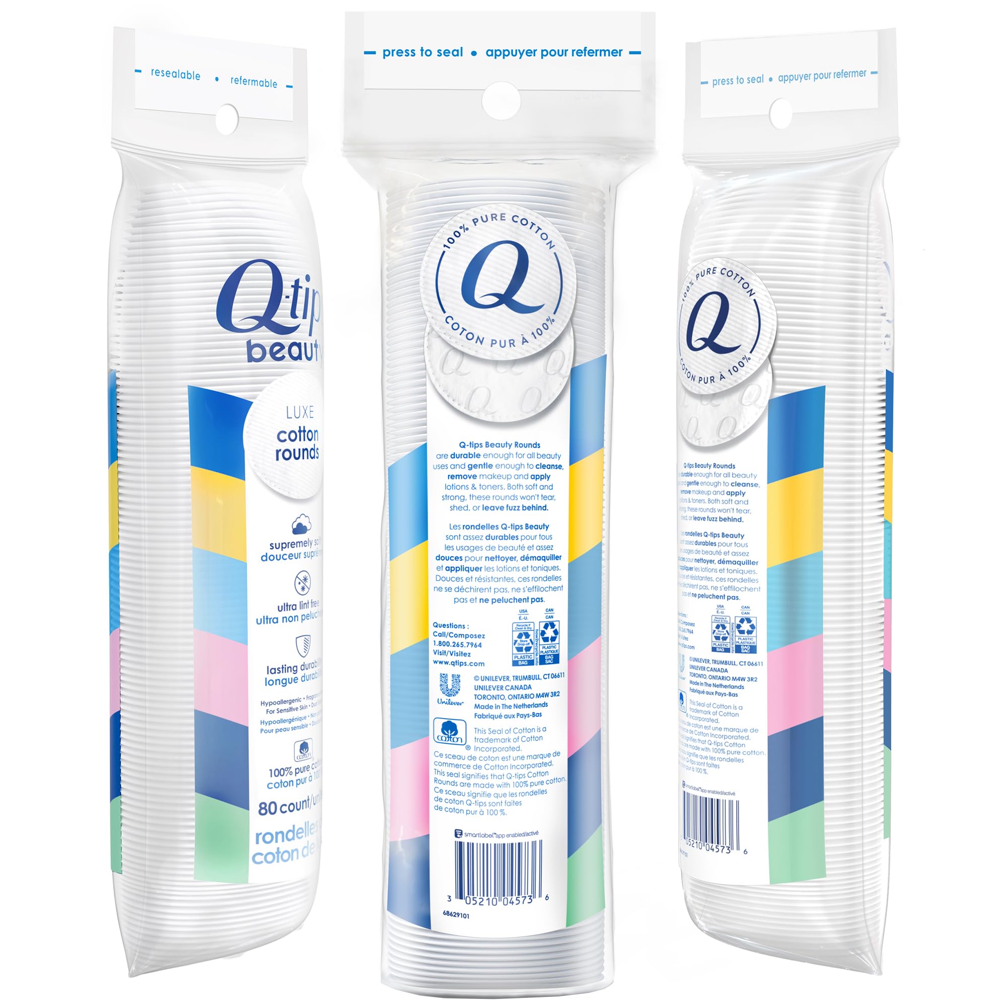 Q-tips Beauty Luxe Cotton Rounds dual-sided close-up, quilted and soft textures for makeup removal and toning