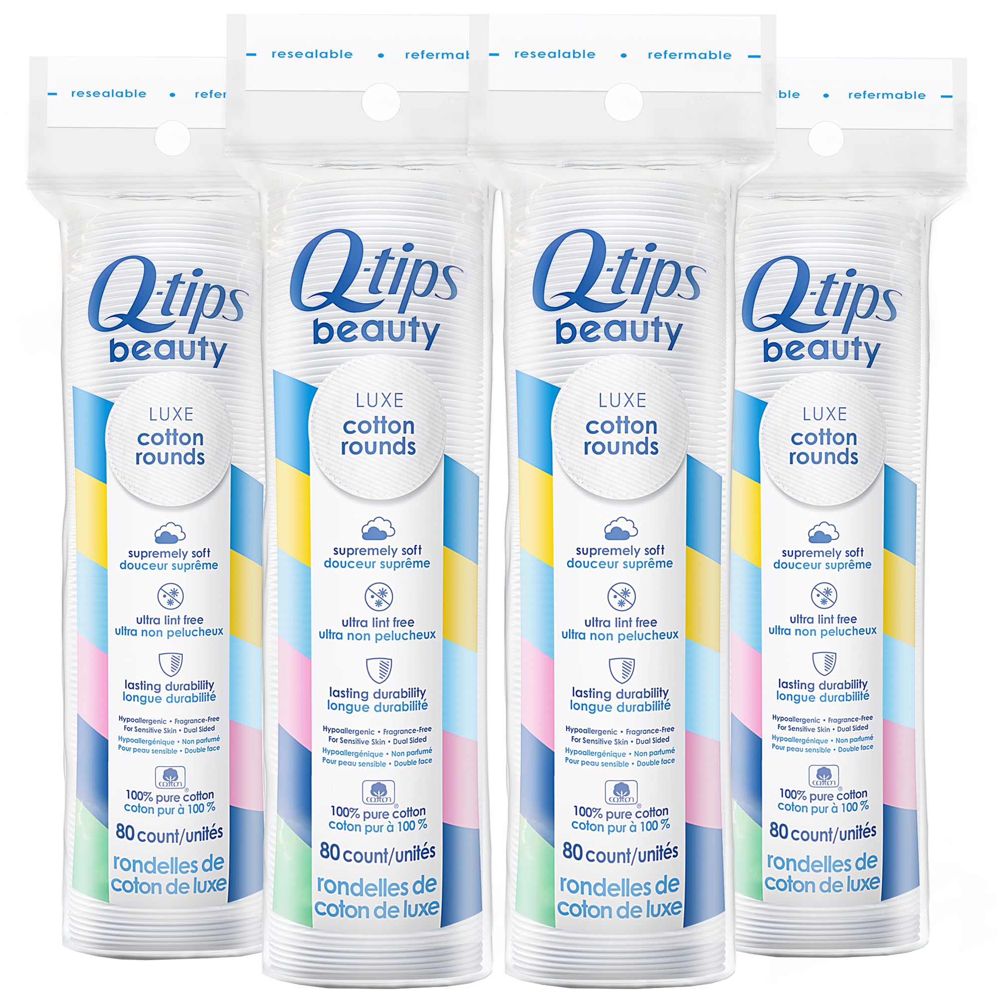 Q-tips Beauty Luxe Cotton Rounds 80 count 4-pack on-pack front, convenient travel-ready makeup remover