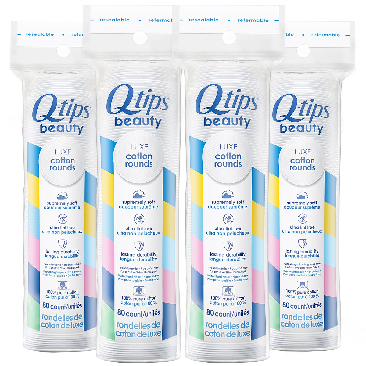 Q-tips Beauty Luxe Cotton Rounds 80 count 4-pack on-pack front, convenient travel-ready makeup remover