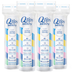 Q-tips Beauty Luxe Cotton Rounds 80 count 4-pack on-pack front, convenient travel-ready makeup remover