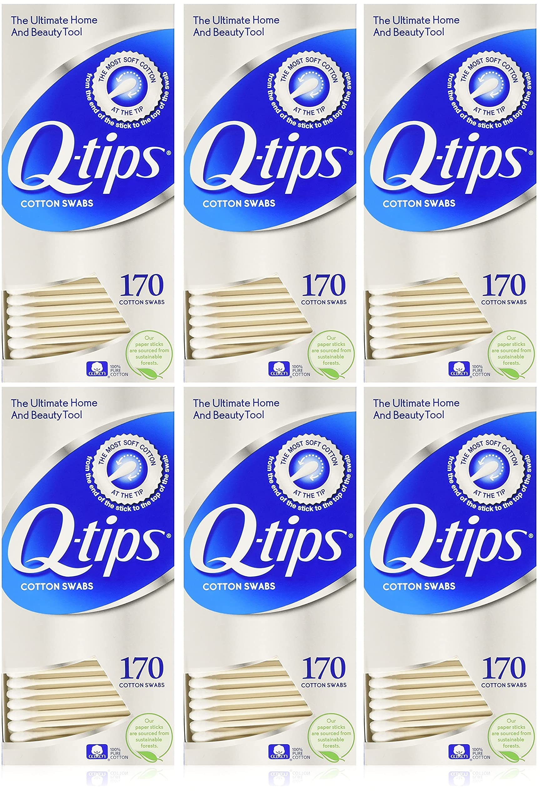 Q-Tips cotton swabs 170-count six-pack for sensitive areas and baby care.