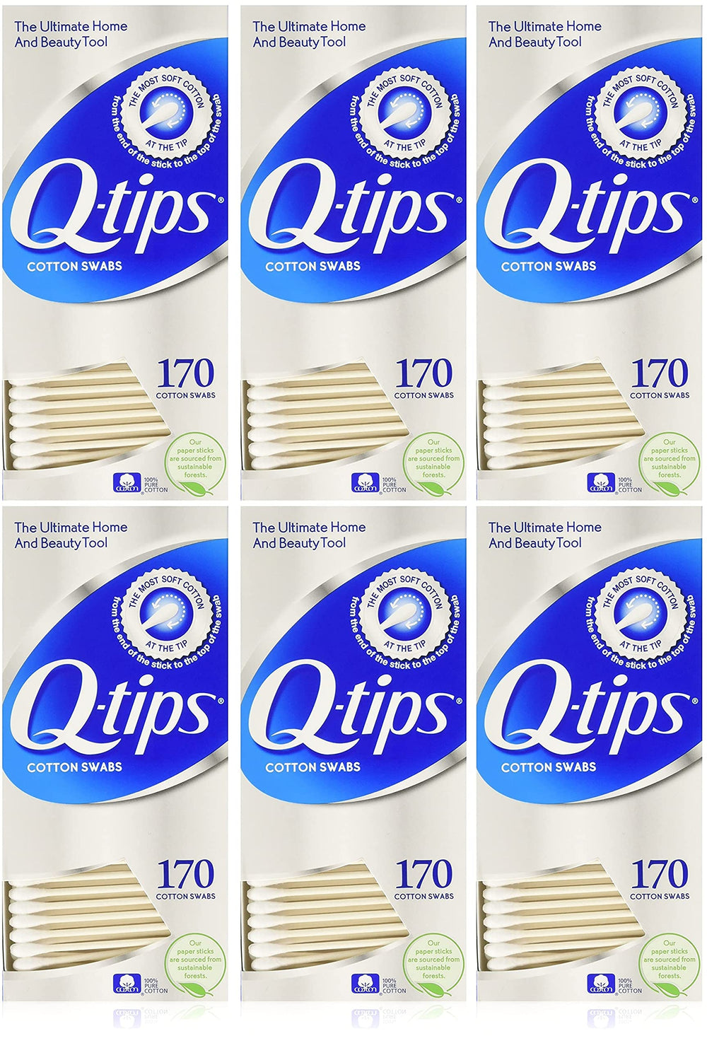 Q-Tips cotton swabs 170-count six-pack for sensitive areas and baby care.