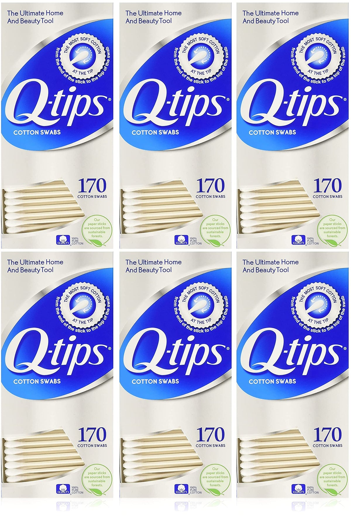 Q-Tips cotton swabs 170-count six-pack for sensitive areas and baby care.