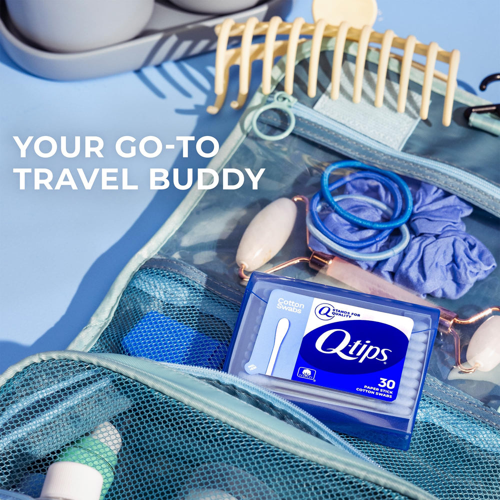 Q-tips Cotton Swabs purse pack stores 30-count convenience for quick fixes.
