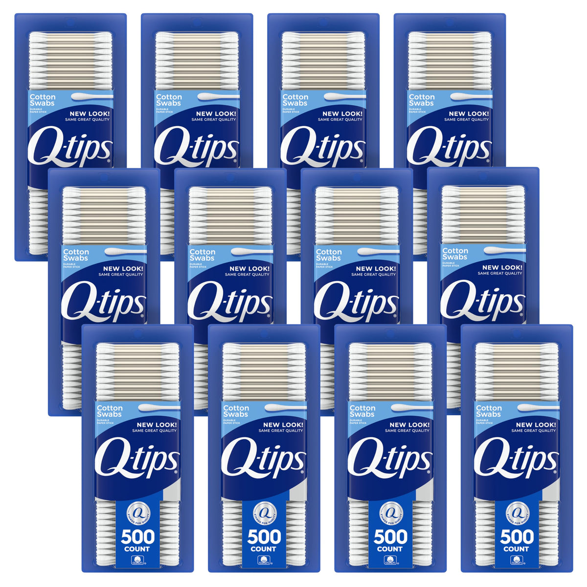 Q-tips cotton swabs front pack highlights a versatile 12-pack for beauty and hygiene tasks