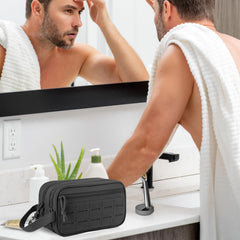 QT&QY tactical toiletry bag side handle demonstrates easy carrying on travels.