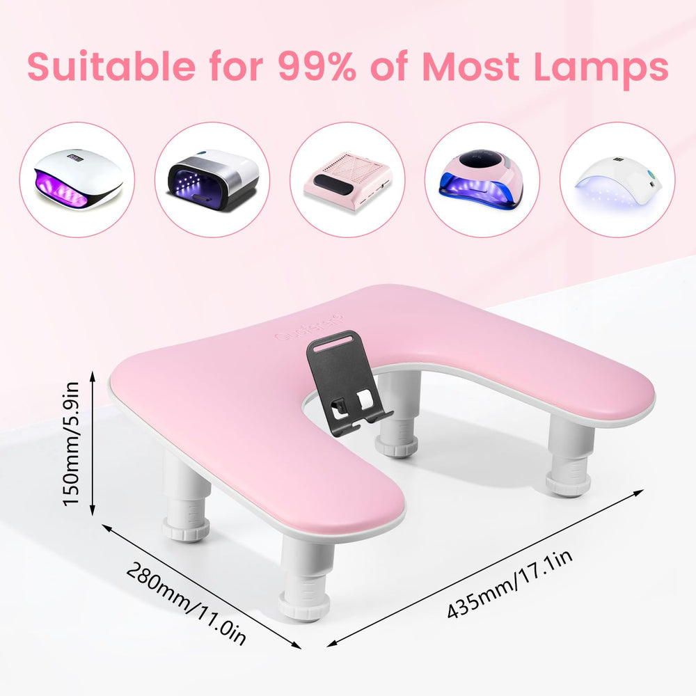 Quaferen arm rest 15° angled board boosts client comfort and polish control.
