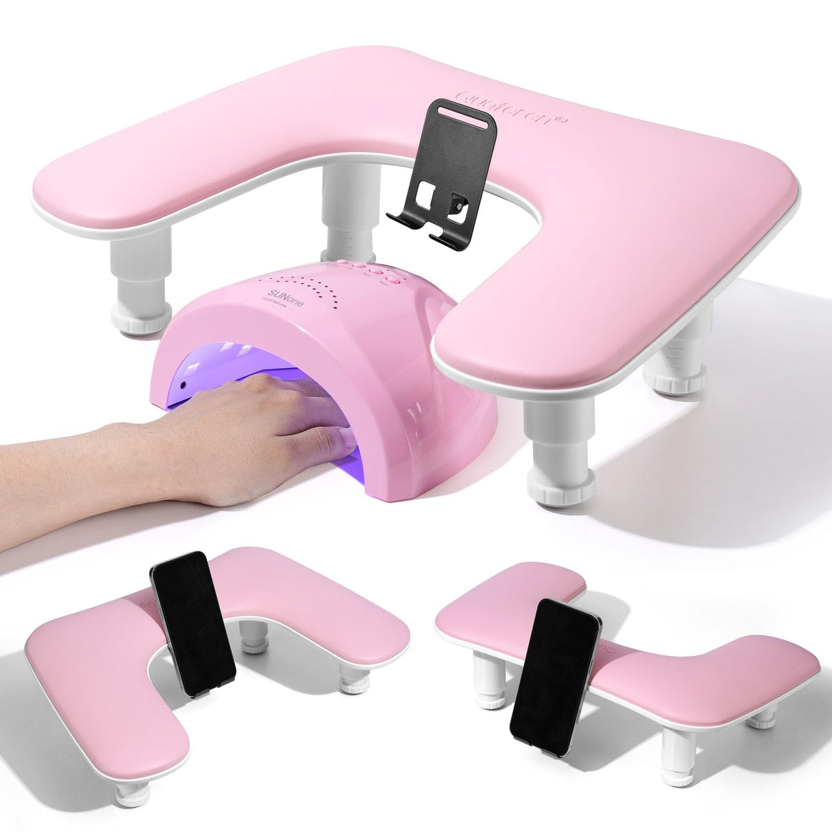Quaferen Arm Rest Nails 3rd Gen pink provides comfortable support during long gel nail sessions.