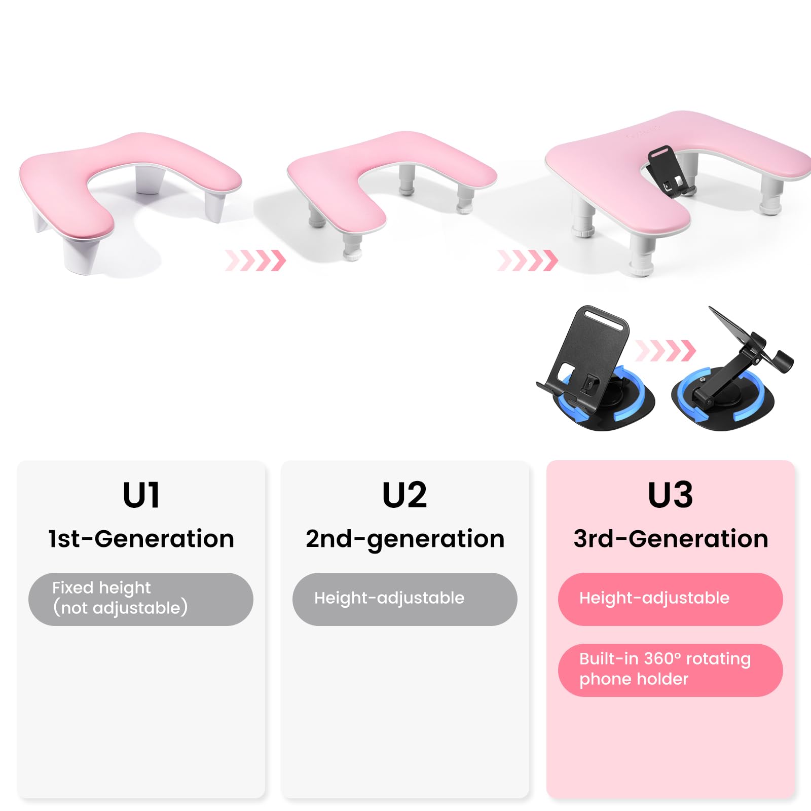 Quaferen arm rest rotating phone stand enables hands-free references during nail art.
