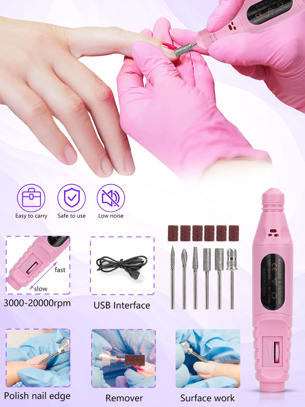 Quaferen nail drill bits present six replaceable heads for shaping and smoothing.