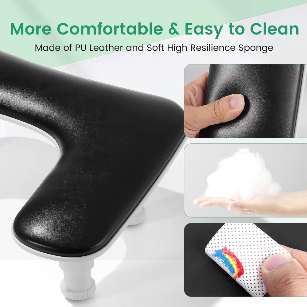 Quaferen arm rest in use beside manicure setup demonstrates organized workspace benefits.