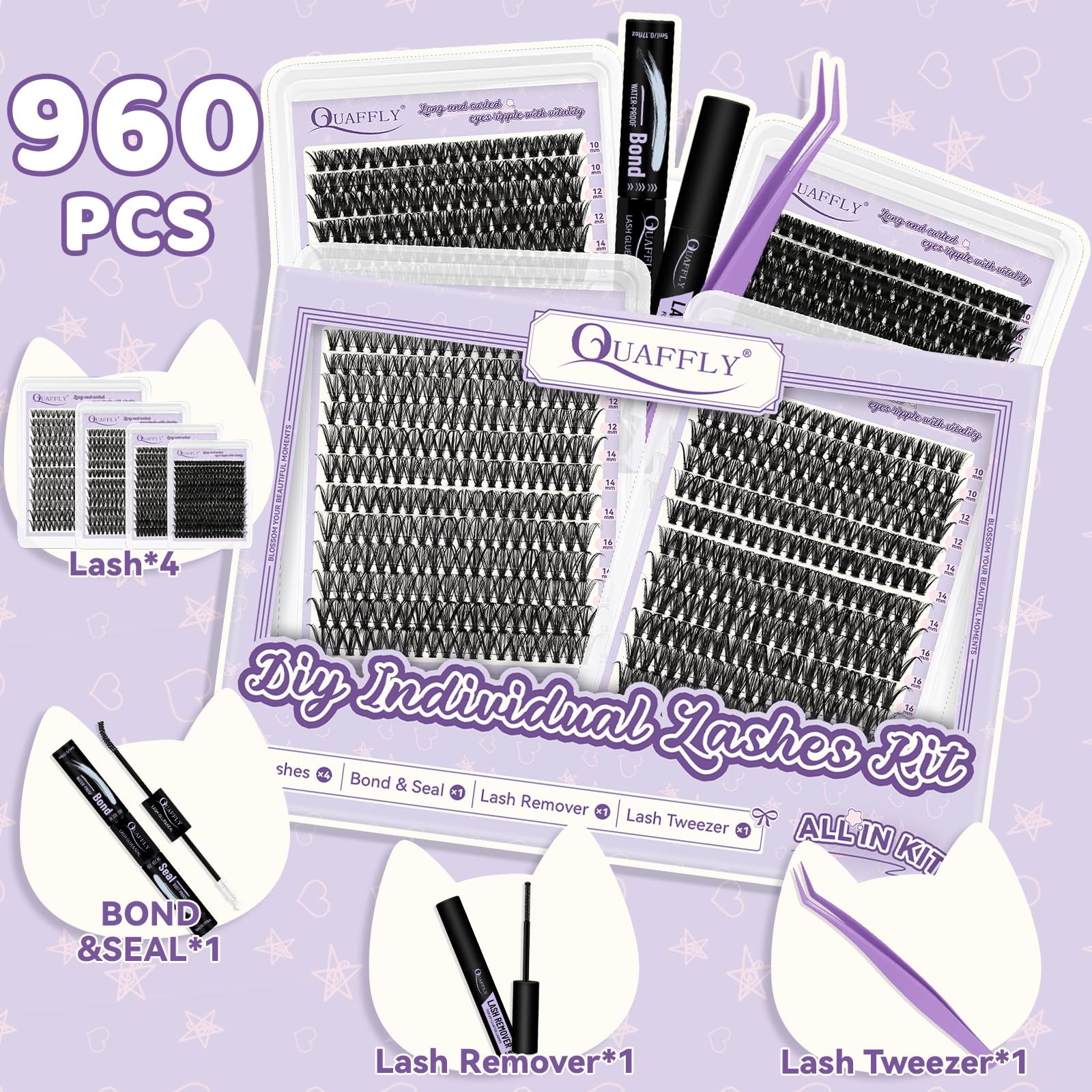 QUAFFLY four-styles lash trays closeup shows natural to dramatic options