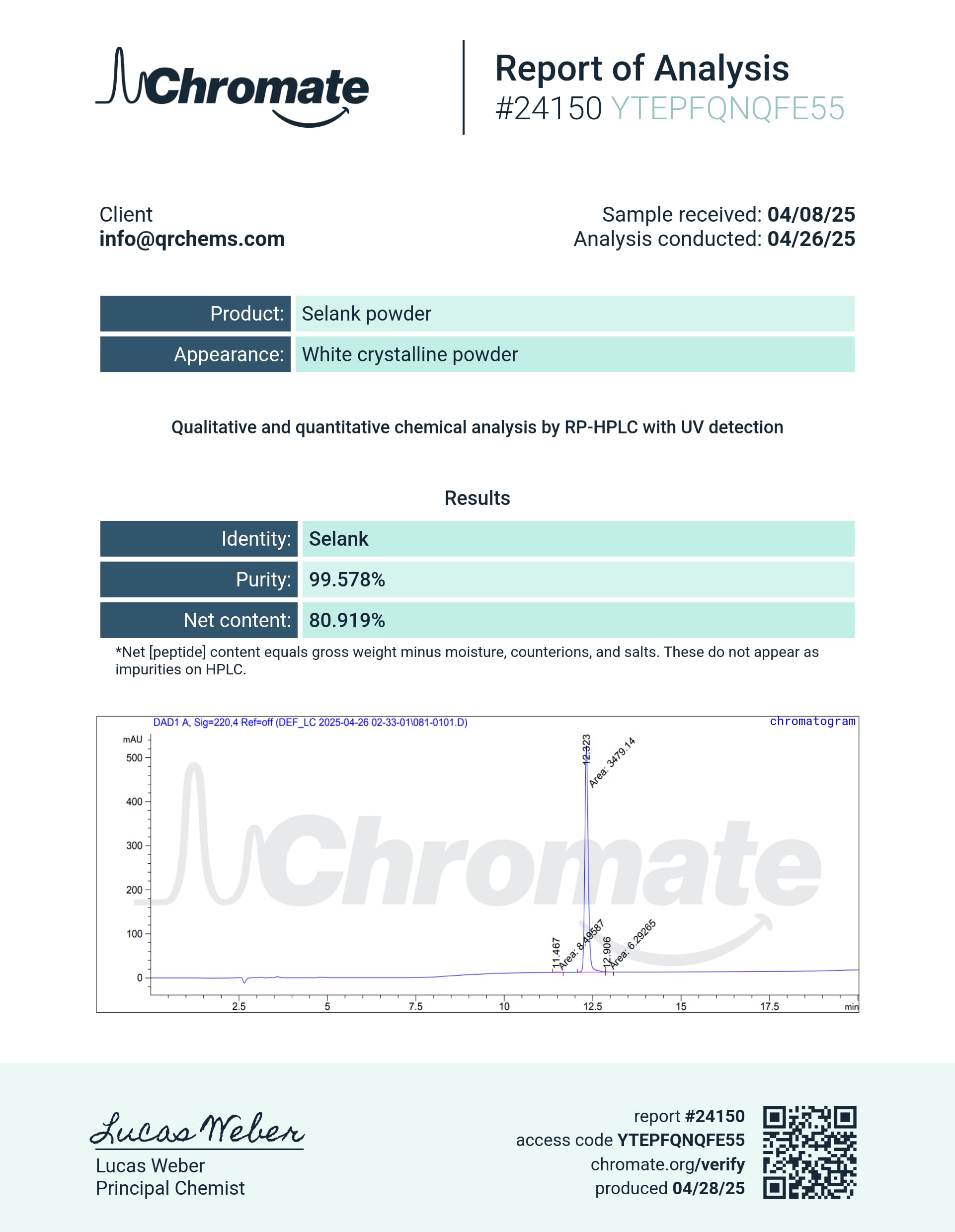 QUALITY RESEARCH CHEMICALS Selank box and bottle branding supports product authenticity.