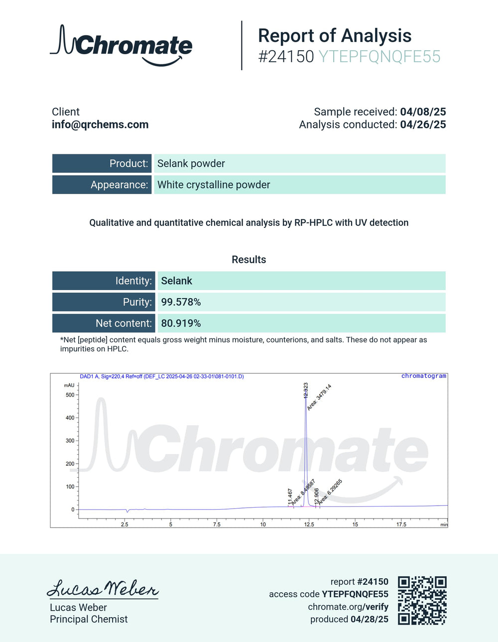QUALITY RESEARCH CHEMICALS Selank box and bottle branding supports product authenticity.