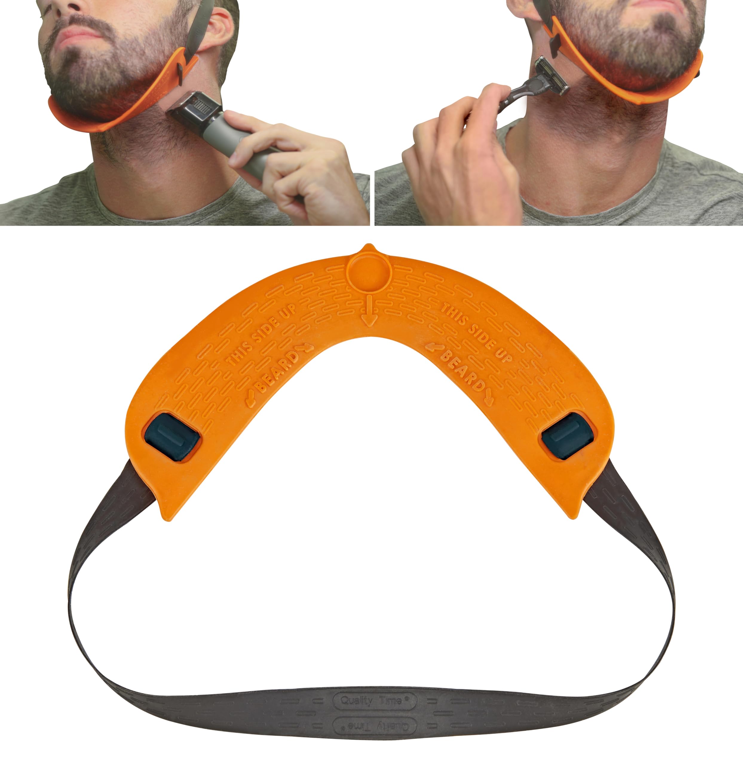 Quality Time beard-neckline shaper headband secures template during DIY trim.