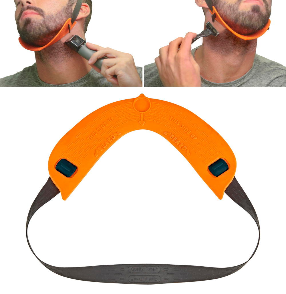 Quality Time beard-neckline shaper headband secures template during DIY trim.