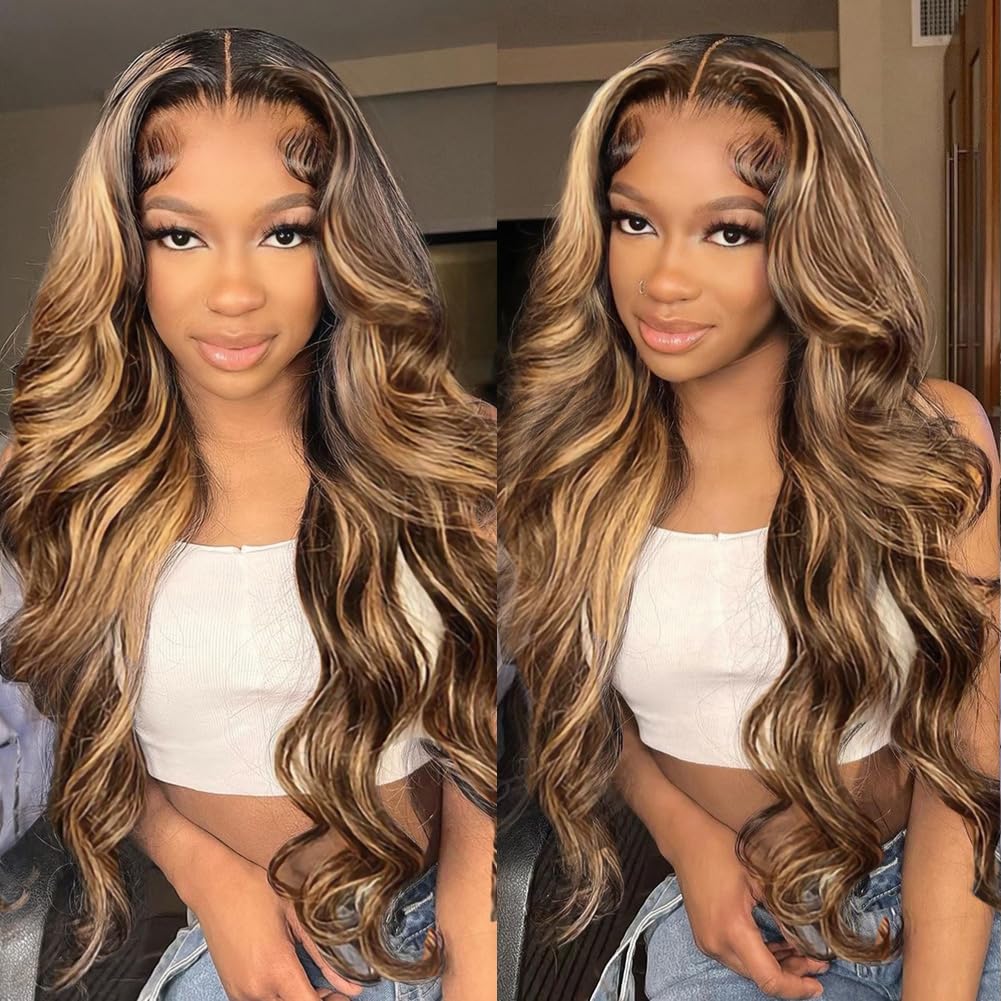 QUANDIAN 28-inch body-wave lace-front wig with highlight ombre for natural-looking volume.