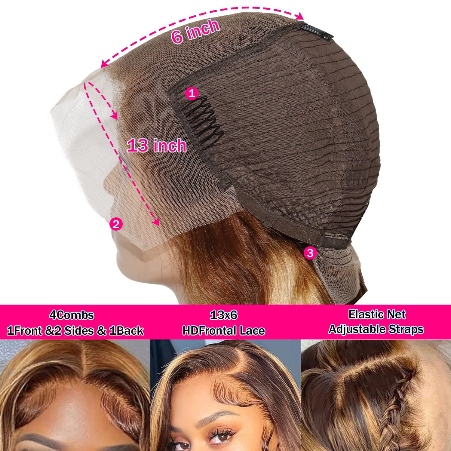 QUANDIAN ombre highlights on a 28-inch body-wave wig for versatile styling.