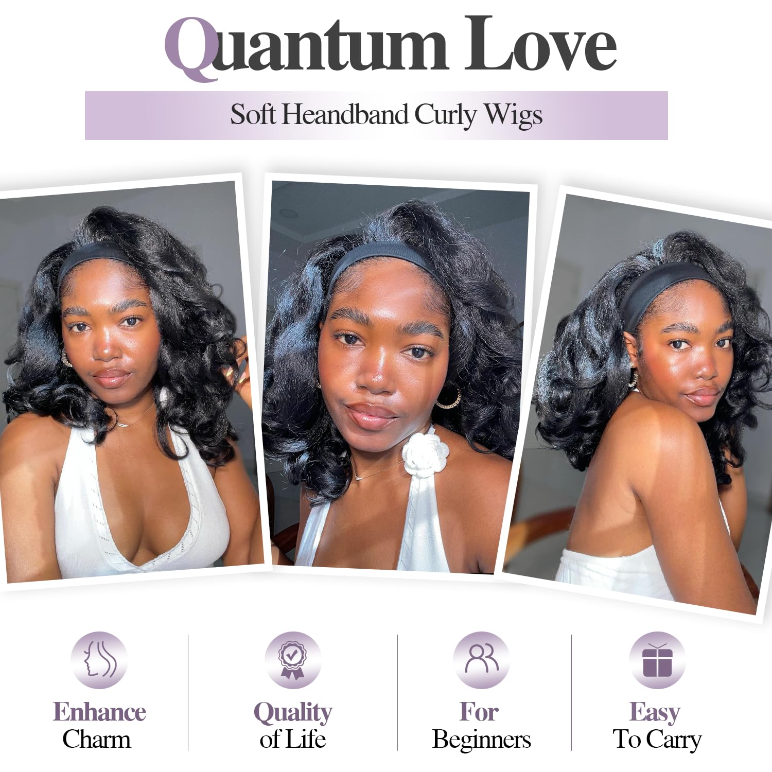 Quantum Love Yaki curly headband wig back view reveals natural texture and realistic finish.