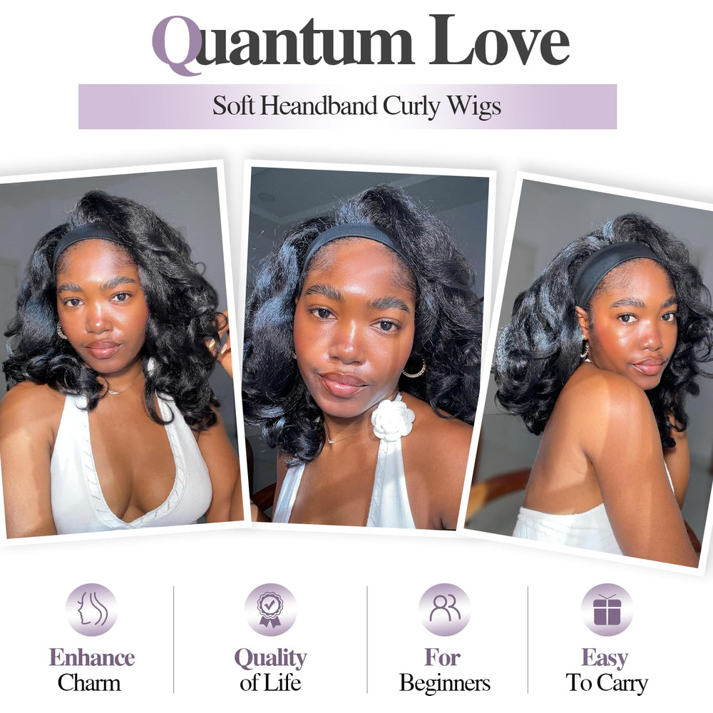 Quantum Love Yaki curly headband wig back view reveals natural texture and realistic finish.