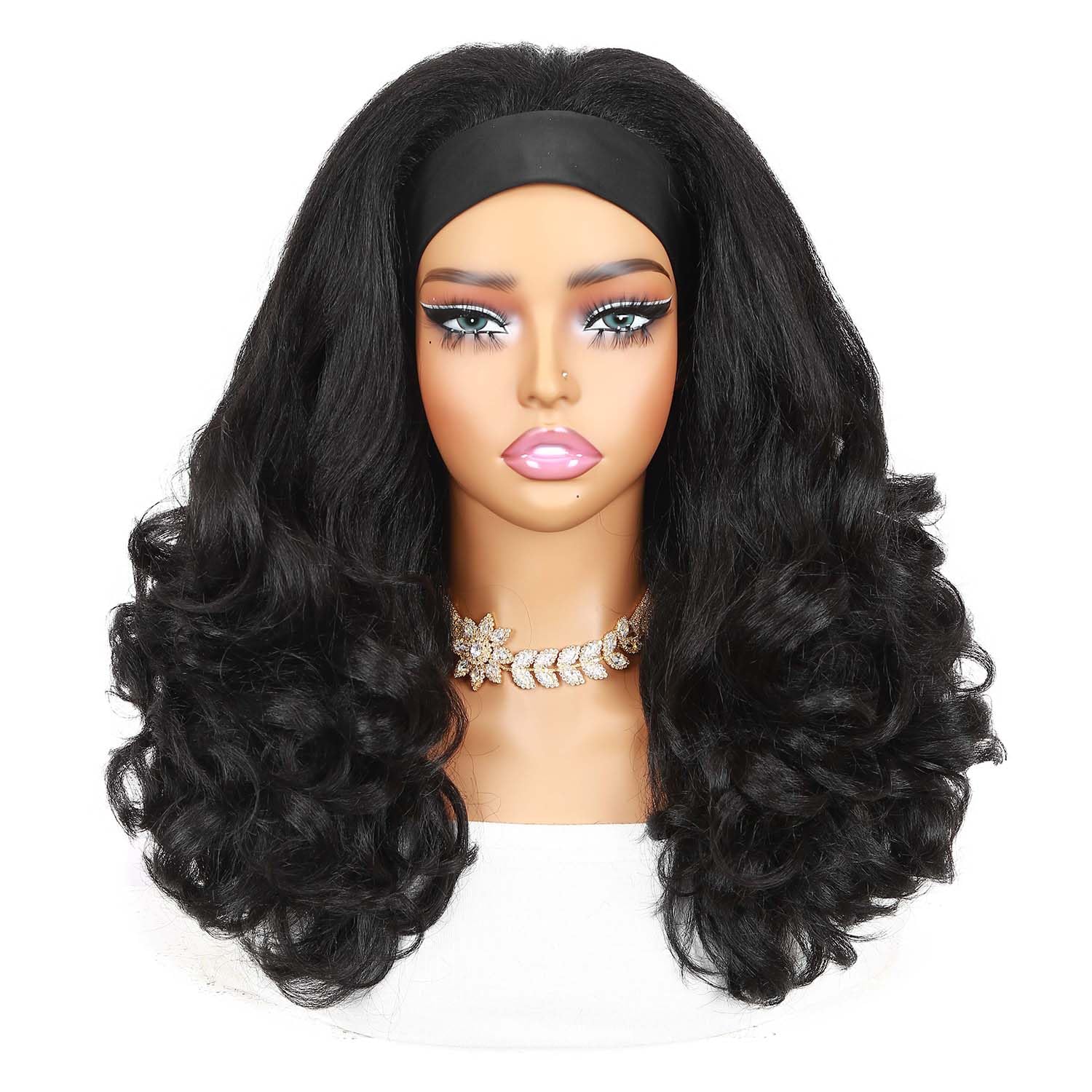 Quantum Love Yaki curly headband wig side view highlights volume and all-day comfortable fit.