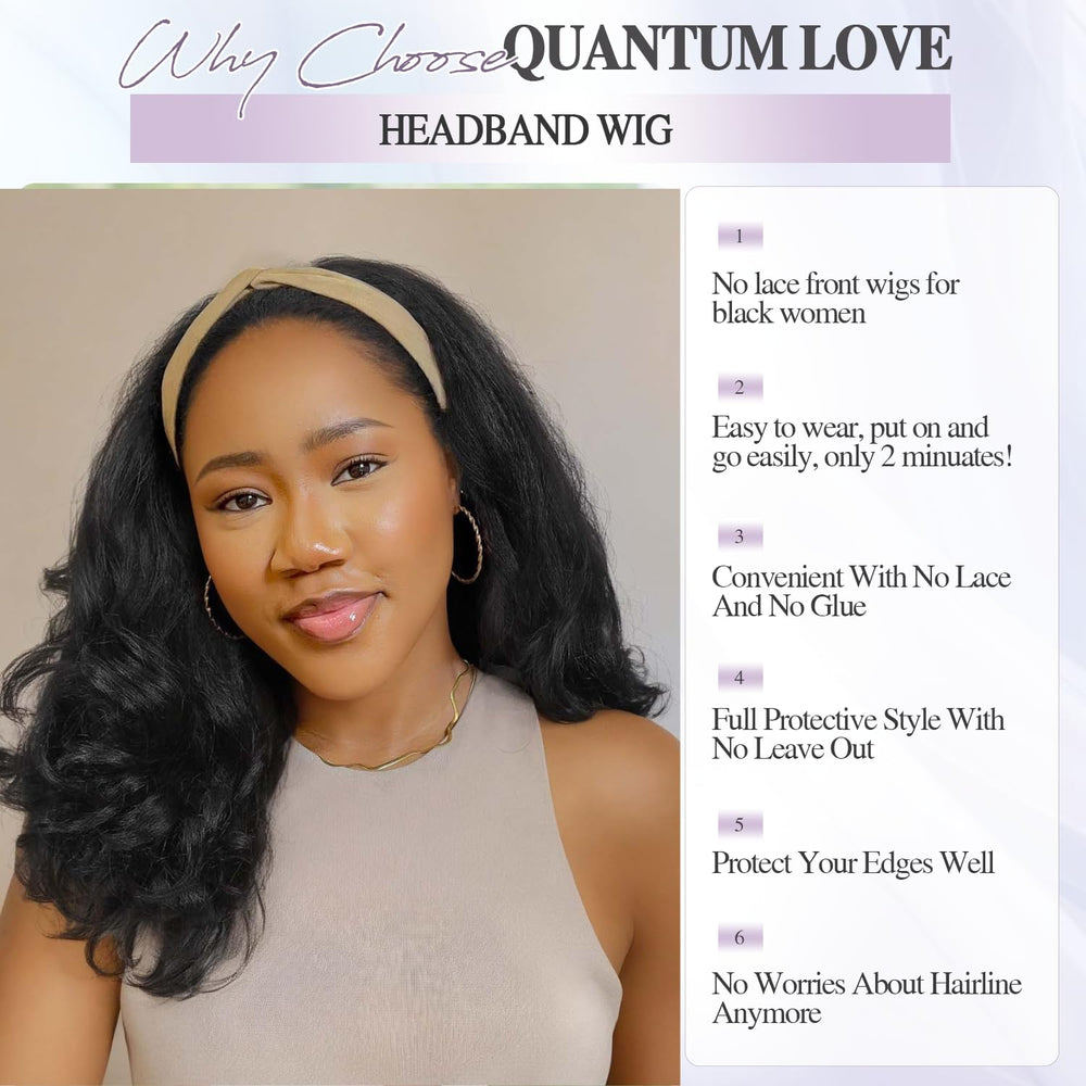 Quantum Love Yaki curly headband wig wearability photo highlights easy glue-free wear.
