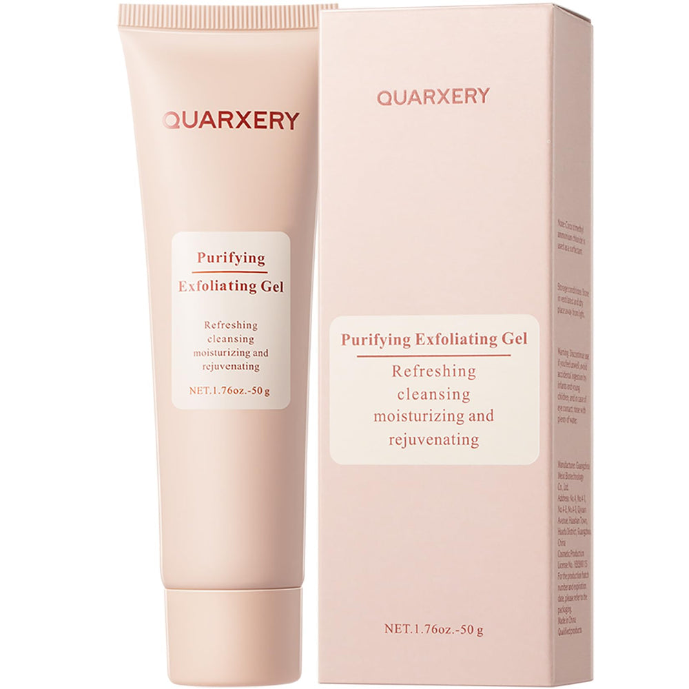 Quarxery Gentle Exfoliating Gel bottle on counter for daily pore cleansing.