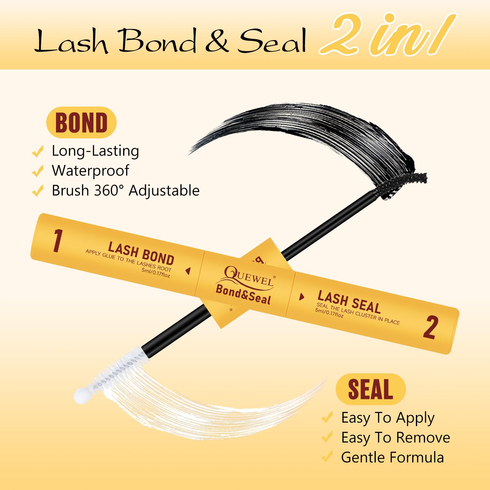 QUEWEL lash clusters bond and seal provides durable, water-resistant finish for longer wear