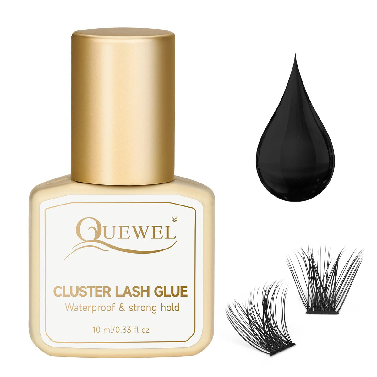 QUEWEL lash clusters glue 10ml black bottle demonstrates durable cluster lash adhesion.
