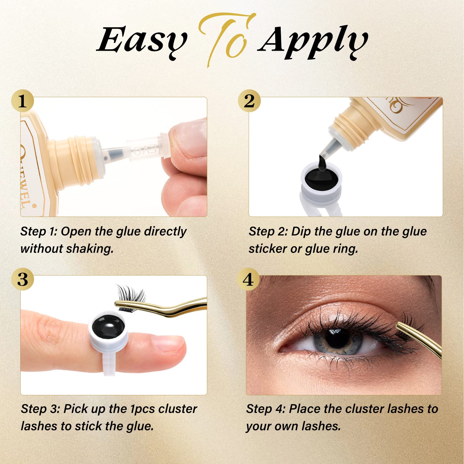 QUEWEL lash clusters glue mild formula emphasizes safe use for sensitive eyes.